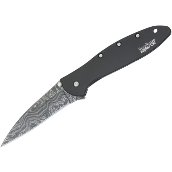 Kershaw Leek Damascus Blade Black Handles Open