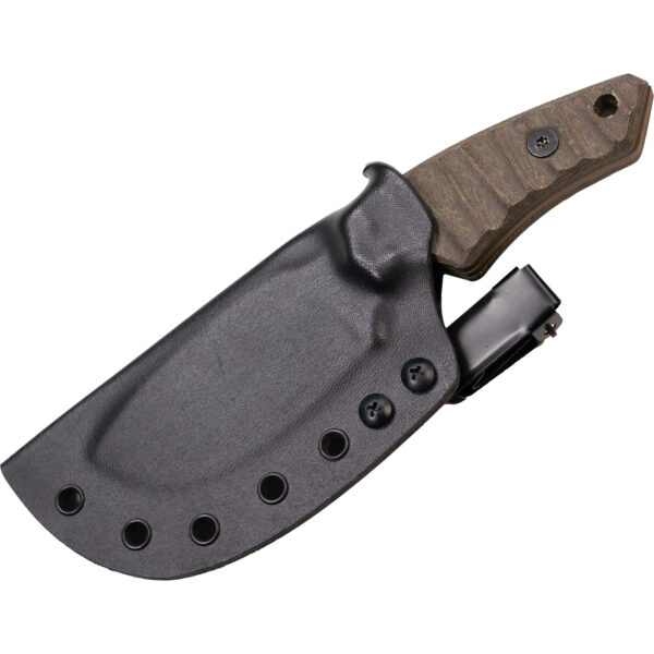 Back view of Afanc knife in black Kydex sheath with multiple eyelets and UltiClip retention system — perfect for belt, pack, or pocket