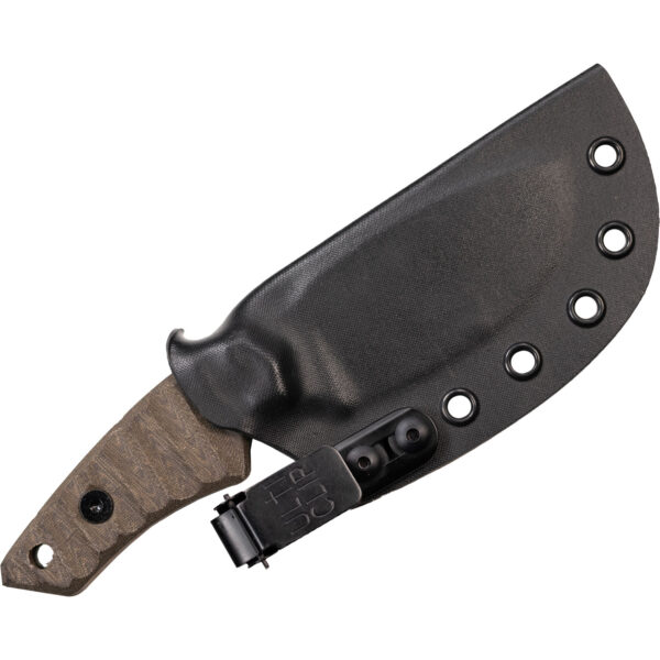 Jackalope Knives Afanc fully sheathed in black Kydex with exposed Micarta handle and UltiClip for discreet carry