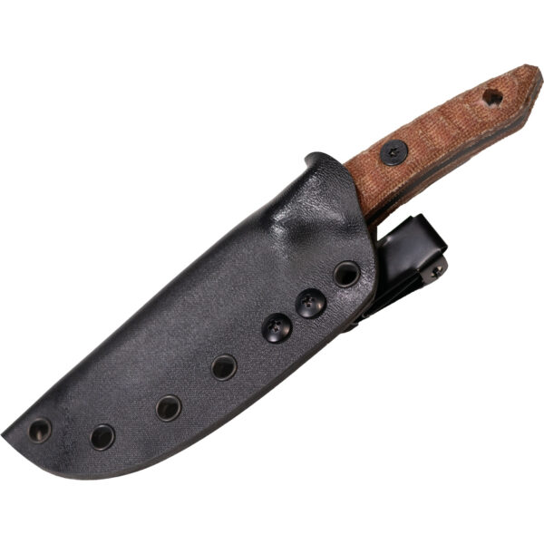 Axex model fully sheathed in black Kydex with UltiClip and exposed Micarta scales — ready for belt, pocket, or pack carry