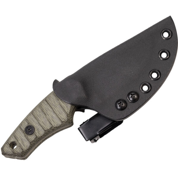 Bigfoot knife secured in custom Kydex sheath with UltiClip and textured Micarta handle exposed — ready for belt or pack carry