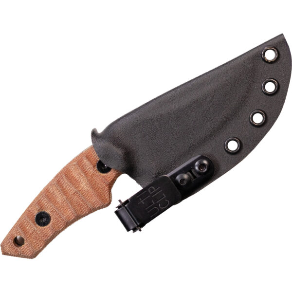 Backside view of the Chupacabra in sheath, showing tan micarta handle texture and flush-fit UltiClip hardware
