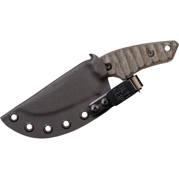 Jackalope Jenglot shown in its sheath with UltiClip visible, ready for deep carry and modular belt attachment.