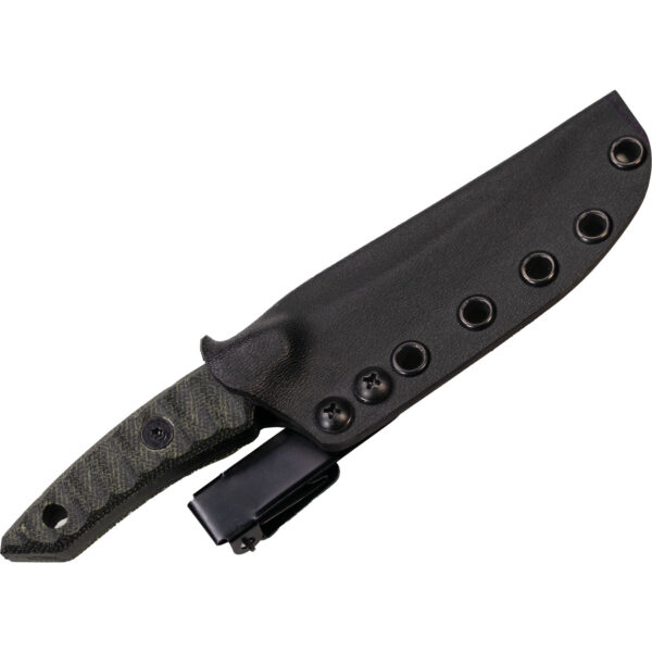 Rougarou fixed blade knife in fitted Kydex sheath with UltiClip attachment and exposed Micarta handle — tactical and EDC ready