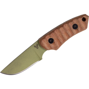 Jackalope Knives fixed blade featuring etched antler logo, green blade finish, and brown Micarta handle
