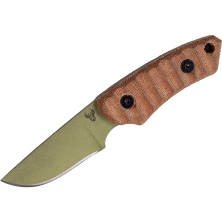 Jackalope Knives fixed blade featuring etched antler logo, green blade finish, and brown Micarta handle