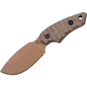 Jackalope Knives Afanc fixed blade with tan-coated drop point blade and brown Micarta handle — compact bushcraft and EDC knife