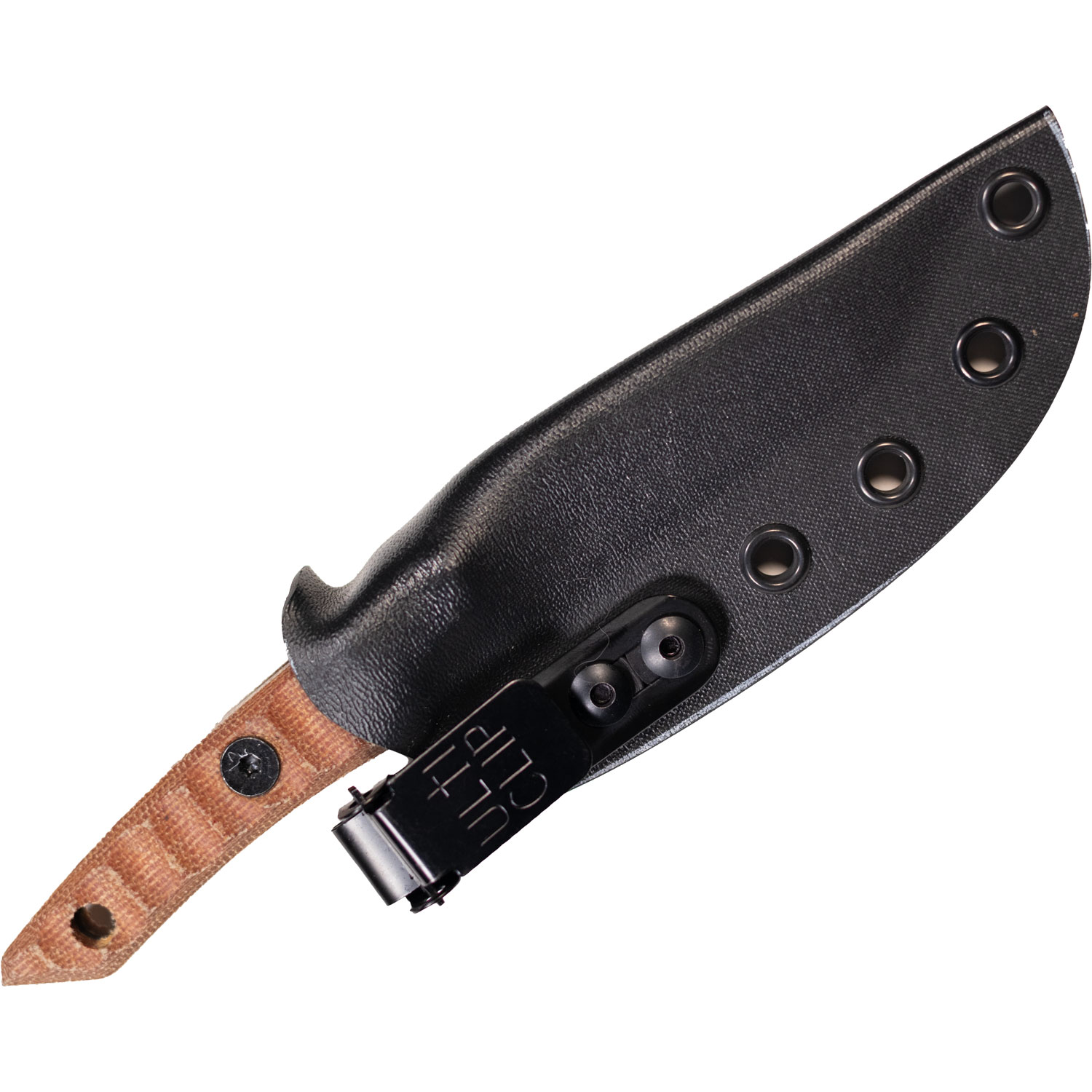 Jackalope Axex with brown Micarta handle, secured in black Kydex sheath featuring UltiClip and multiple carry eyelets