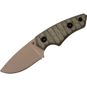 Jackalope Knives Bigfoot fixed blade with tan Cerakote drop point blade and sculpted green Micarta handle — compact backcountry workhorse