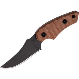 Jackalope Knives Chupacabra fixed blade with aggressive trailing point blade and black finish, paired with textured tan micarta handle scales.