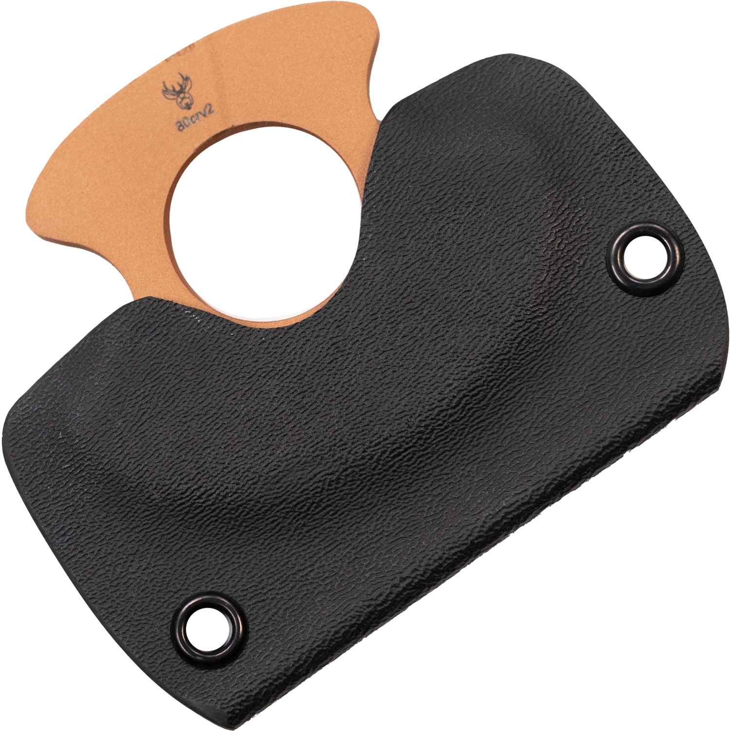 Jenglott compact blade by Jackalope Knives with tan finish and curved sharpened edge — skeletonized circular grip for precision slicing