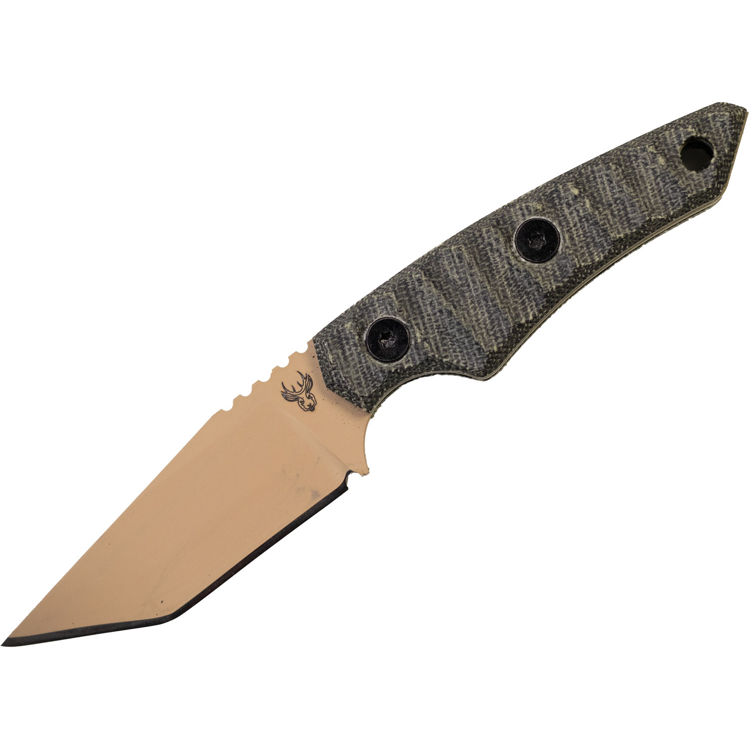 Jackalope Knives Kaftar fixed blade with tan-coated tanto blade and sculpted green Micarta handle — compact tactical EDC knife