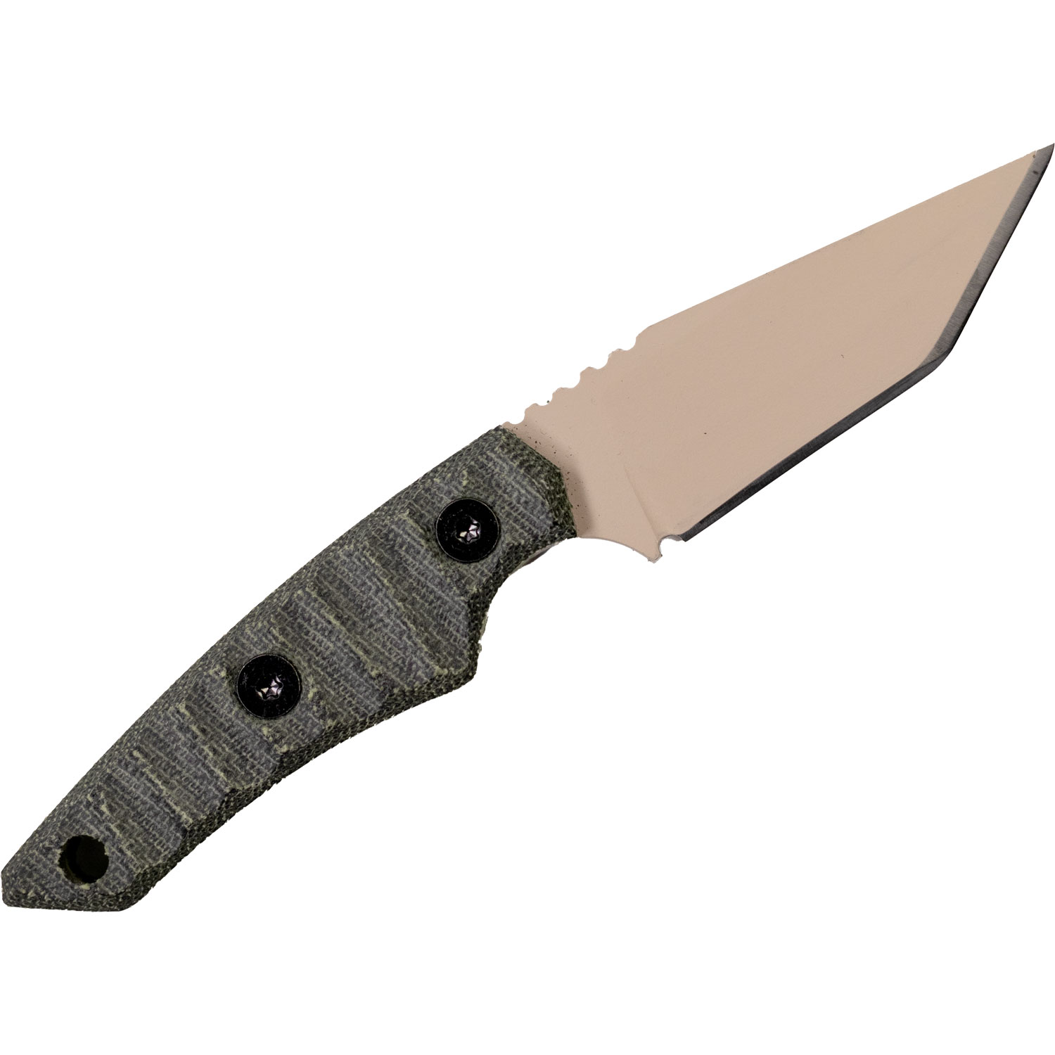 Kaftar fixed blade knife with aggressive tanto-style blade and ergonomic green Micarta handle — purpose-built for piercing and detail work