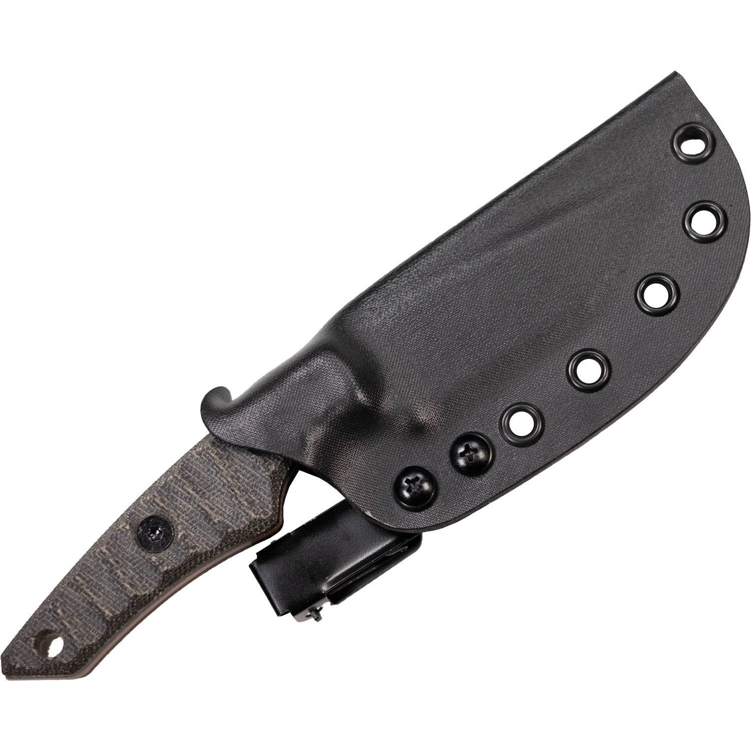 Jackalope Knives Kaftar fully sheathed in black Kydex with UltiClip and exposed textured handle — ready for concealed or belt carry