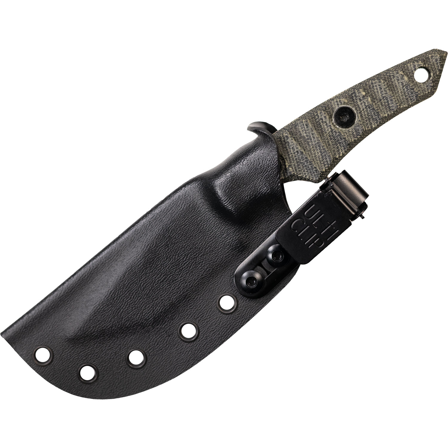 Kaftar knife in secure black Kydex sheath with multiple eyelets and UltiClip attachment — streamlined and carry-optimized design