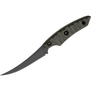 Jackalope Knives Rougarou fixed blade featuring a curved trailing point blade and sculpted green Micarta handle — precision slicing tool