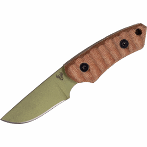 Jackalope Knives fixed blade featuring etched antler logo, green blade finish, and brown Micarta handle