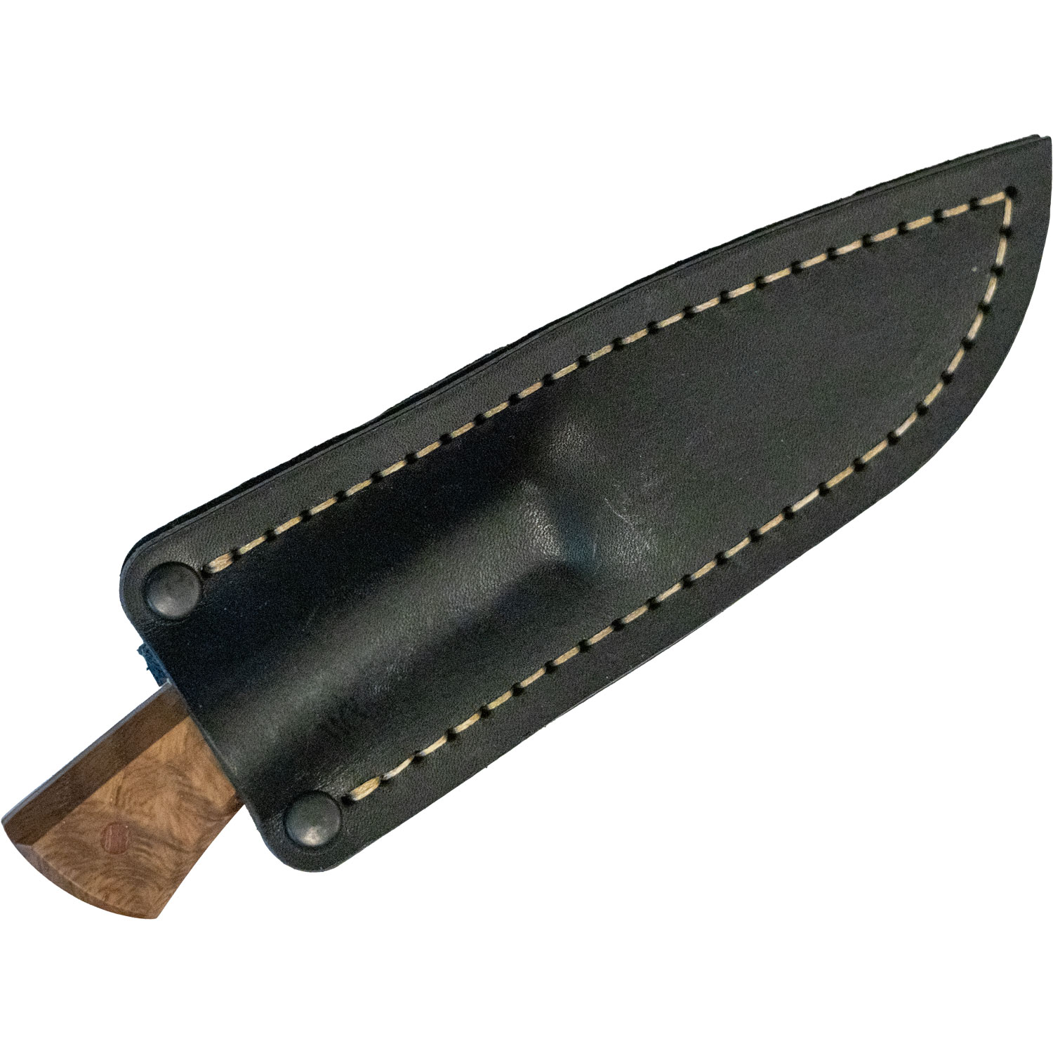 Blackfly Customs Jackal Fixed Blade Knife with Curly Maple Handles in Leather Sheat