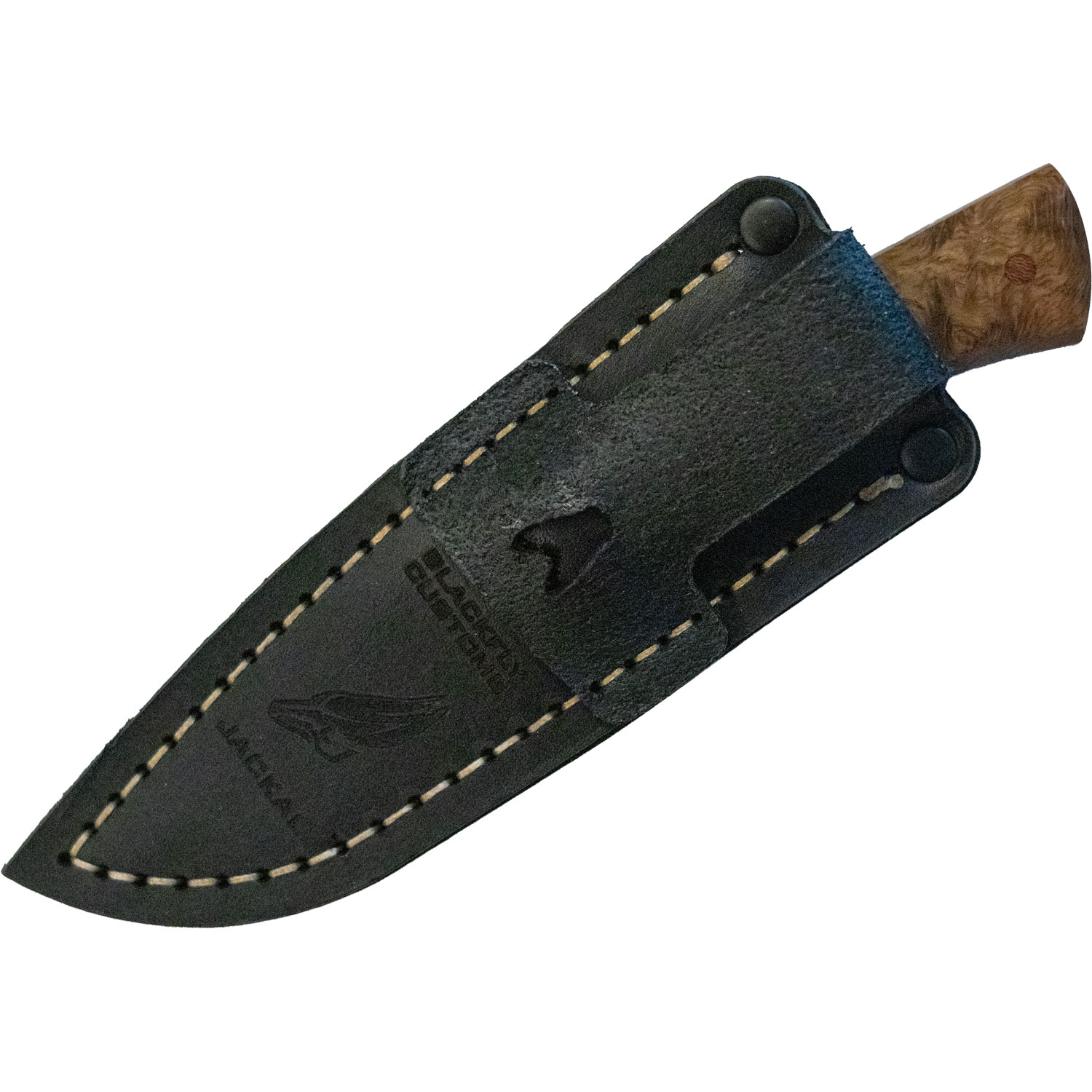 Blackfly Customs Jackal Fixed Blade Knife with Curly Maple Handles in Leather Sheat